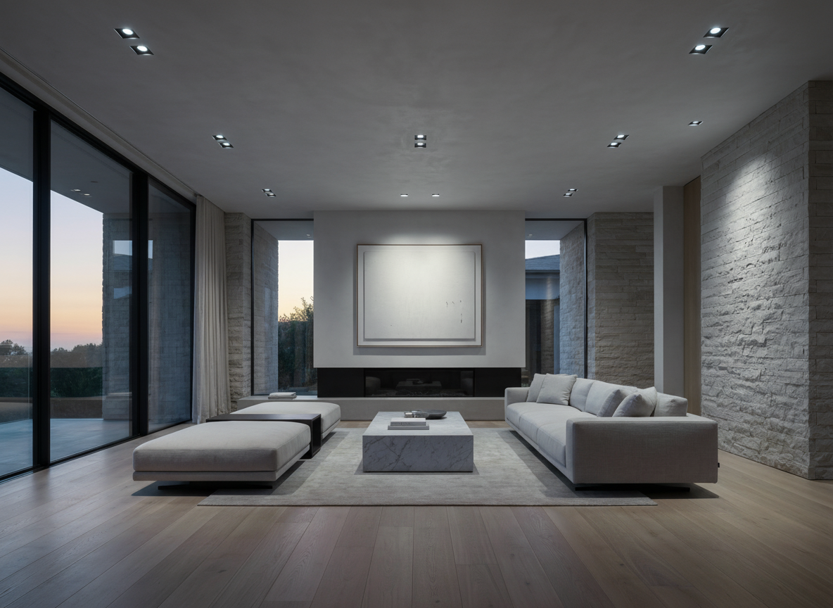 gray brutalist room with square recessed lights and sofa