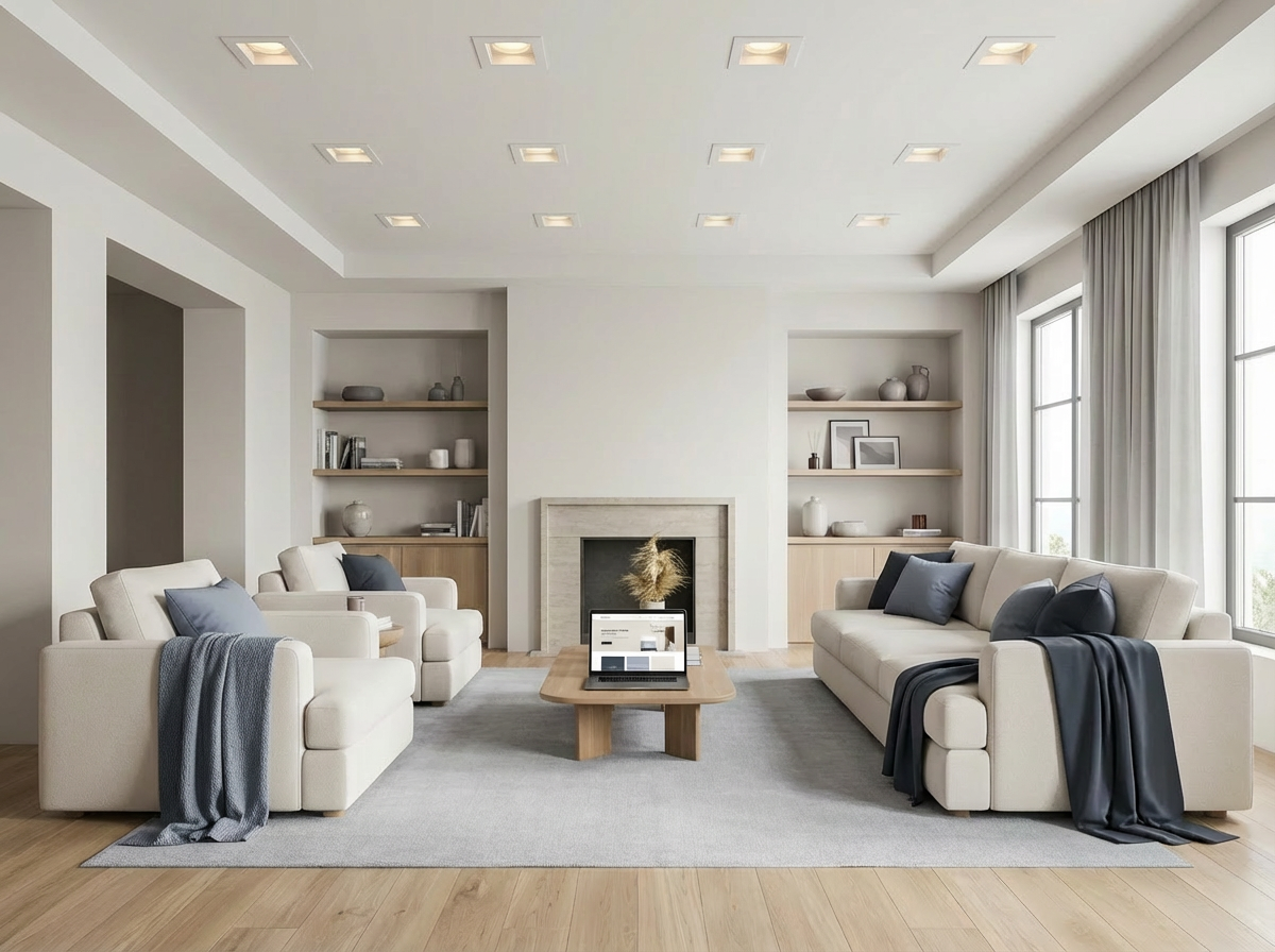 Modern living room with beige sofas, a fireplace, and bookshelves.