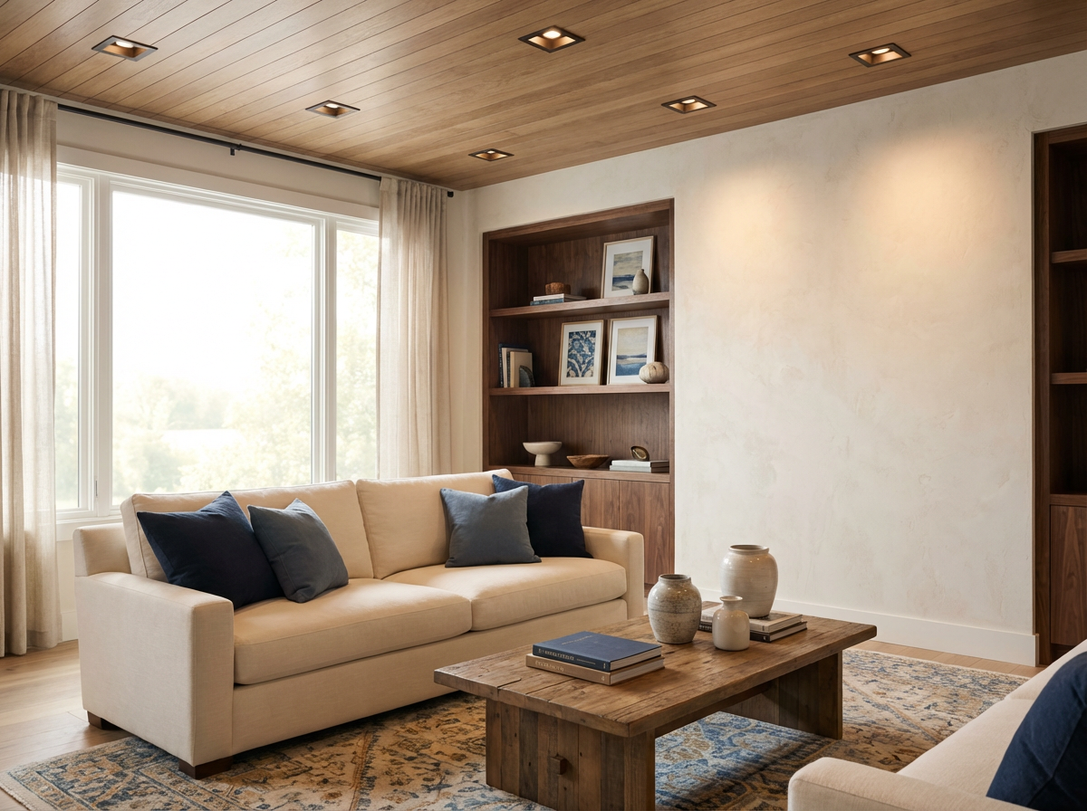 Living room with beige sofa, wooden coffee table, and bookshelf.
