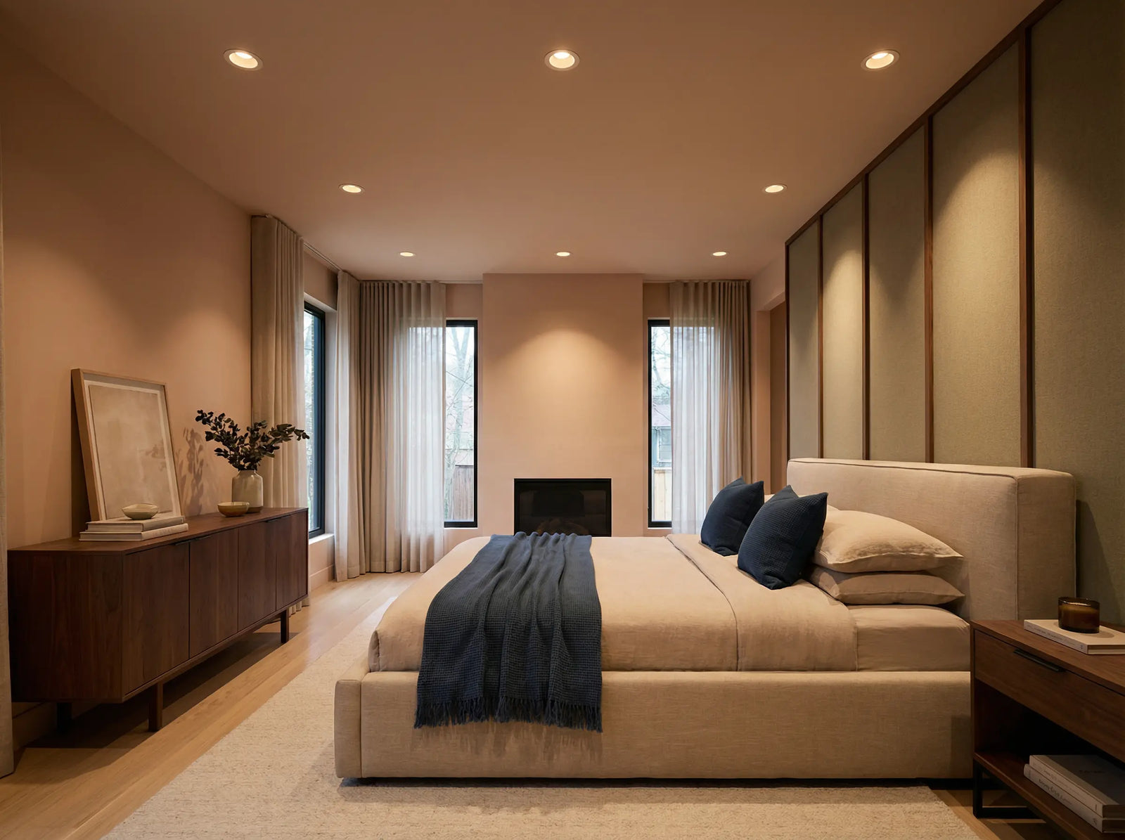 Modern bedroom with beige bed, side tables, and a fireplace.