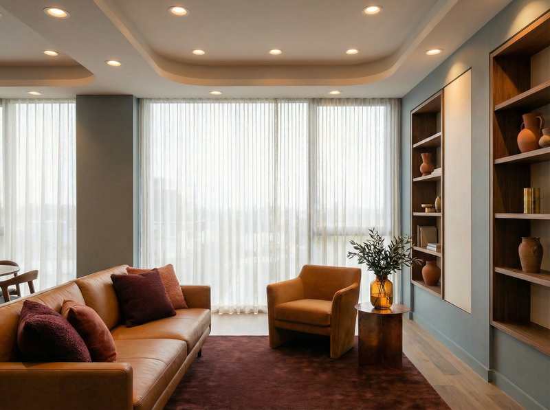 Modern living room with brown sofa, armchair, and bookshelves.