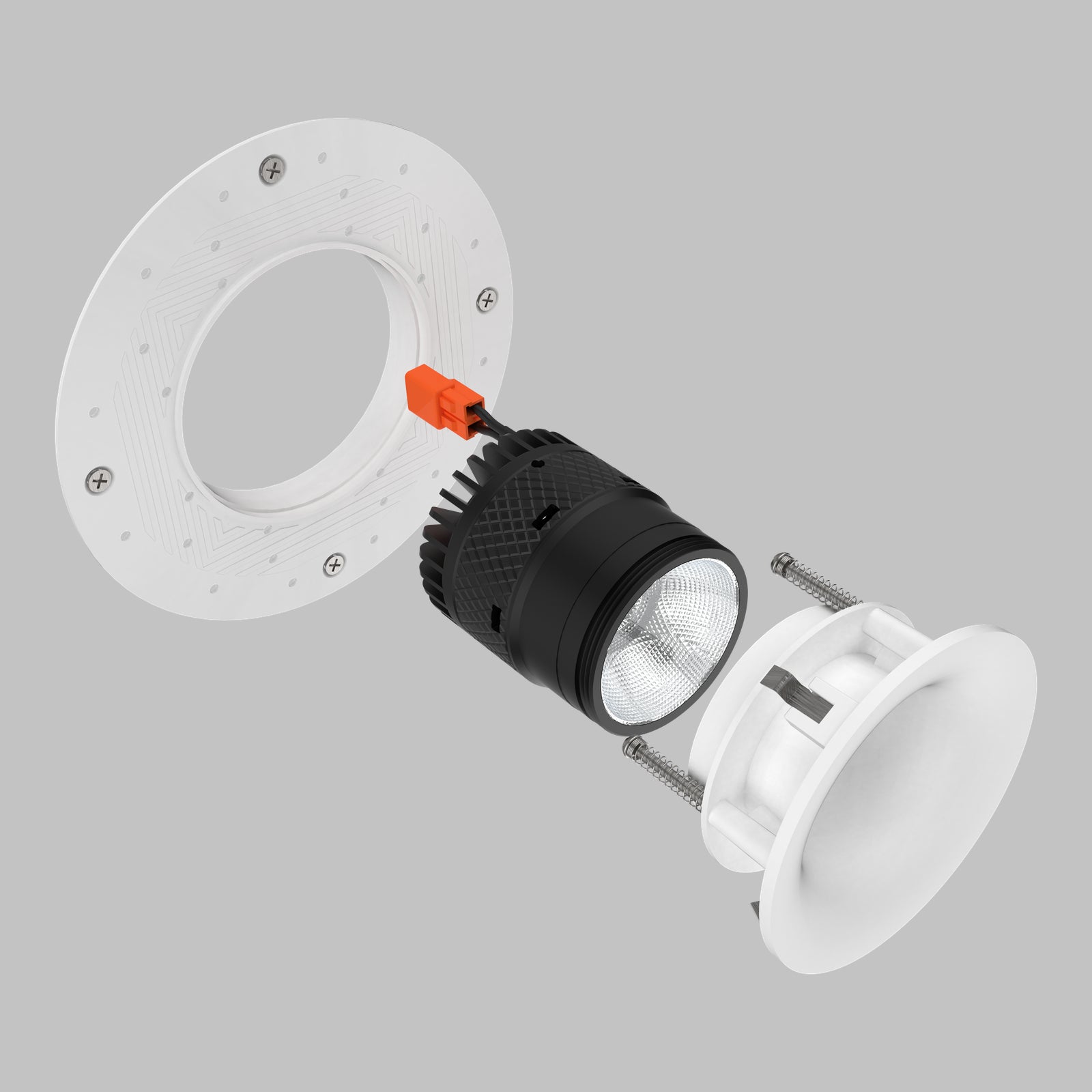 A recessed LED downlight fixture shown in an exploded view, featuring a white circular ceiling canopy, a black cylindrical heat sink housing, a clear lens, and a white downlight cup with mounting screws, set against a solid gray background.#Shape + Color_Curved - White#Trim Style_Trimless (Mud-In)